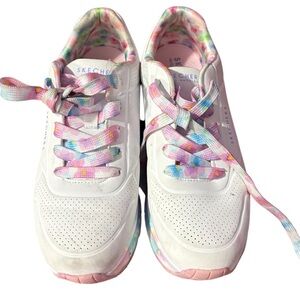 Skechers White Sneakers with Pastel Pink, Blue and Mint Accents